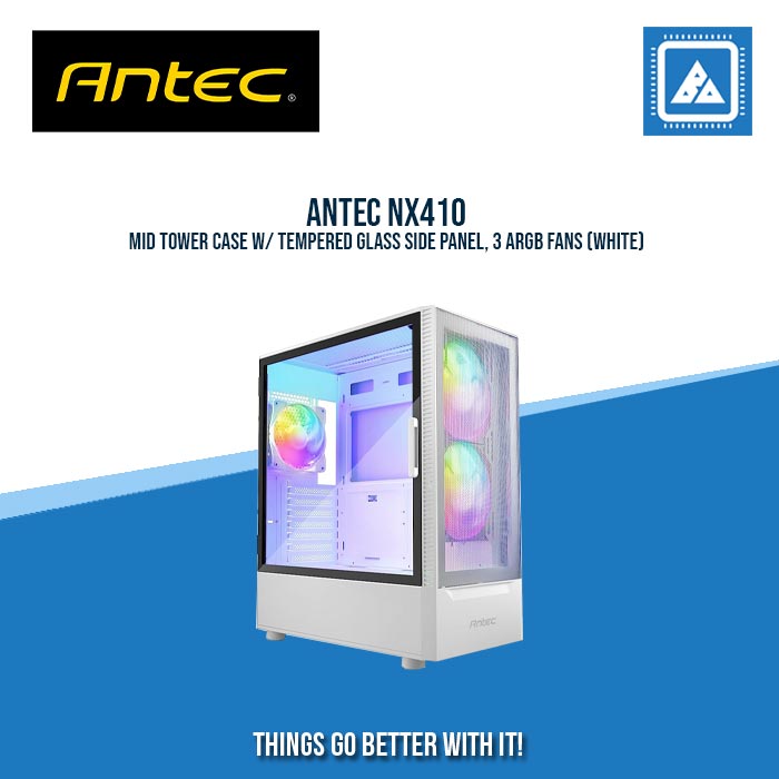 ANTEC NX410 MID TOWER CASE W/ TEMPERED GLASS SIDE PANEL, 3 ARGB FANS (WHITE) ANTEC NX410 MID TOWER CASE W/ TEMPERED GLASS SIDE PANEL, 3 ARGB FANS (WHITE)